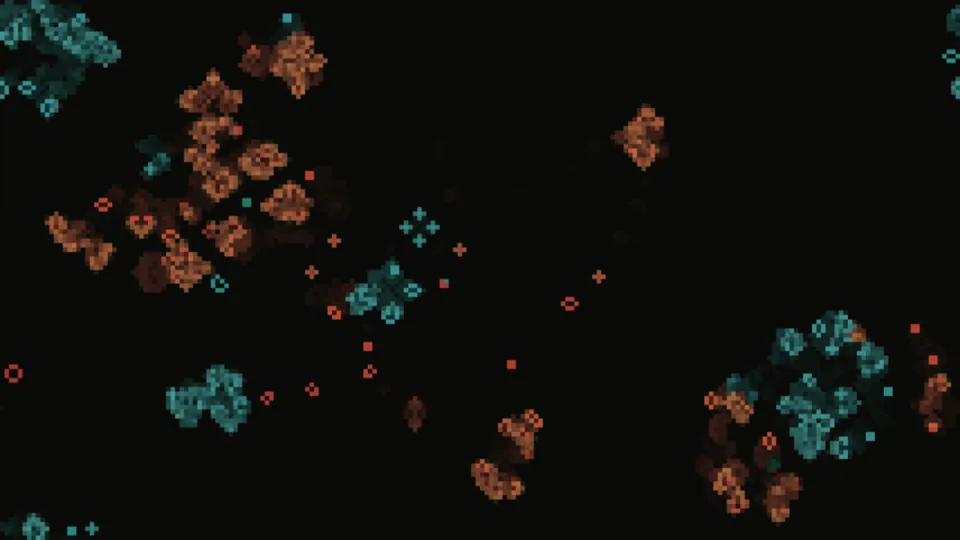 Two-species Game of Life cells in ember and teal
